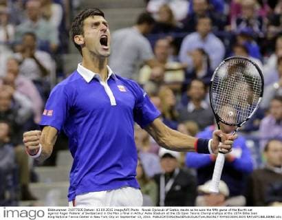 Novak Djokovic of Serbia reacts as he wins the fifth game of the fourth set against Roger Federer of Switzerland in the Men s Final in Arthur Ashe Stadium at the US Open Tennis Championships at the USTA Billie Jean King National Tennis Center in New York City on September 13, 2015.  NYP20150913835 RAYxSTUBBLEBINE