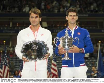 September 13, 2015 Roger Federer of Switzerland and Novak Djokovic of Serbia pose with trophies after Djokovic defeated Federer to win the men s singles title at the 2015 US Open, played at the Billie Jean King Tennis Center, Flushing Meadow NY. TENNIS: SEP 13 US Open Icon250150913014 EDITORIAL USE ONLY