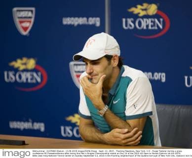 Sept. 13, 2015 - Flushing Meadows, New York, U.S - Roger Federer during a press conference PK Pressekonferenz after losing the Men s Singles Championship match on Day 14 of the 2015 US Open to Novak Djokovic at the USTA Billie Jean King National Tennis Center on Sunday September 13, 2015 in the Flushing neighborhood of the Queens borough of New York City. Djokovic won by a score of 6-4, 7-5, 6-4, 6-4. Federer vs. Djokovic - ZUMAp124