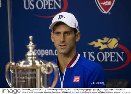 Sept. 13, 2015 - Flushing Meadows, New York, U.S - Novak Djokovic during a press conference PK Pressekonferenz after winning the Men s Singles Championship match on Day 14 of the 2015 US Open with Roger Federer at the USTA Billie Jean King National Tennis Center on Sunday September 13, 2015 in the Flushing neighborhood of the Queens borough of New York City. Djokovic won by a score of 6-4, 7-5, 6-4, 6-4. Federer vs. Djokovic - ZUMAp124