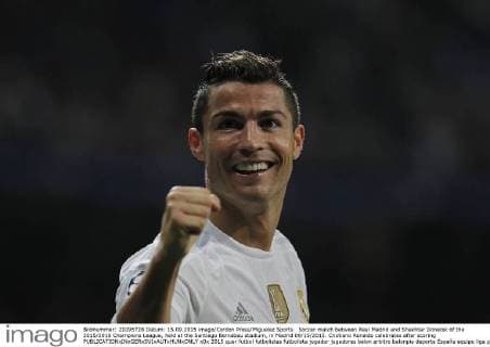 Soccer match between Real Madrid and Shakhtar Donetsk of the 2015 2016 Champions League, held at the Santiago Bernabeu stadium, in Madrid 09 15 2015. Cristiano Ronaldo celebrates after scoring 