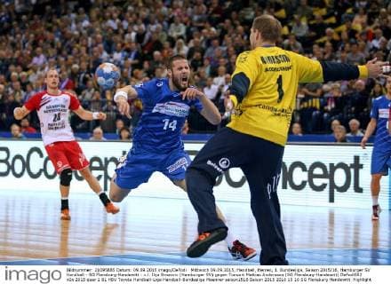 Mittwoch 09.09.2015, Handball, Herren, 1. Bundesliga, Saison 2015 16, Hamburger SV Handball - SG Flensburg-Handewitt : v.l. Ilija Brozovic (Hamburger SV) gegen Torwart Mattias Andersson (SG Flensburg-Handewitt) DeFodi502