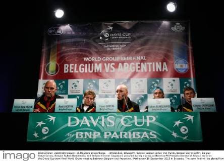 - BRUSSELS, BELGIUM: Belgian captain Johan Van Herck, Belgian David Goffin, Belgian Steve Darcis, Belgian Ruben Bemelmans and Belgian Kimmer Coppejans pictured during a press conference PK Pressekonferenz of Belgian team on the Davis Cup semi final World Group meeting between Belgium and Argentina, Wednesday 16 September 2015 in Brussels. The semi final will be played from 18 to 20 September 2015 in Vorst-Forest, Brussels VIRGINIExLEFOUR  x04700872x