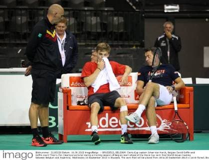 - BRUSSELS, BELGIUM: Davis Cup captain Johan Van Herck, Belgian David Goffin and Goffin coach Thierry Van Cleemput pictured during a training session of Belgian team ahead of the Davis Cup semi final World Group meeting between Belgium and Argentina, Wednesday 16 September 2015 in Brussels. The semi final will be played from 18 to 20 September 2015 in Vorst-Forest, Brussels VIRGINIExLEFOUR  x04700941x