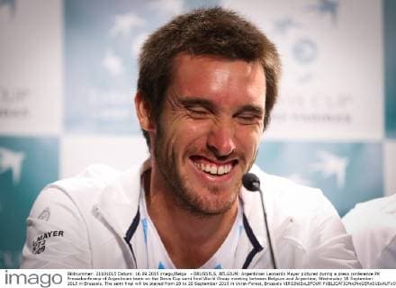 - BRUSSELS, BELGIUM: Argentinian Leonardo Mayer pictured during a press conference PK Pressekonferenz of Argentinian team on the Davis Cup semi final World Group meeting between Belgium and Argentina, Wednesday 16 September 2015 in Brussels. The semi final will be played from 18 to 20 September 2015 in Vorst-Forest, Brussels VIRGINIExLEFOUR  x04701003x