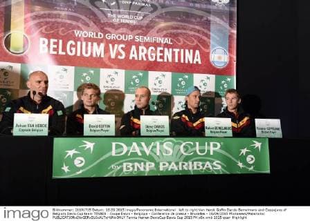 left to right Van Herck Goffin Darcis Bemelmans and Coppejans of Belgium Davis Cup team TENNIS : Coupe Davis - Belgique - Conference de presse - Bruxelles - 16 09 2015 Photonews Panoramic 
