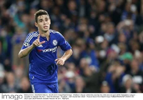 Chelsea s Oscar celebrates scoring his sides second goal UEFA Champions League - Chelsea vs Maccabi Tel Aviv - Stamford Bridge - England - 16th September 2015 - Picture David Klein Sportimage EDITORIAL USE ONLY. No use with unauthorised audio, video, data, fixture lists, club league logos or live services. Online in-match use limited to 120 images, no video emulation. No use in betting, games or single club league player publications.