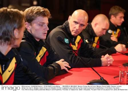 - BRUSSELS, BELGIUM: Belgian Ruben Bemelmans, Belgian David Goffin, Belgian captain Johan Van Herck, Belgian Steve Darcis and Belgian Kimmer Coppejans pictured during the drawing and team presentation of the Davis Cup semi final World Group meeting between Belgium and Argentina, Thursday 17 September 2015 in Brussels. The semi final will be played from 18 to 20 September 2015 in Vorst-Forest, Brussels VIRGINIExLEFOUR  x04701996x