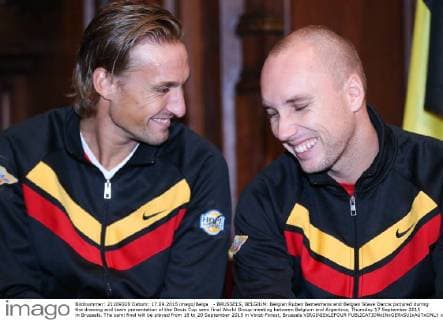 - BRUSSELS, BELGIUM: Belgian Ruben Bemelmans and Belgian Steve Darcis pictured during the drawing and team presentation of the Davis Cup semi final World Group meeting between Belgium and Argentina, Thursday 17 September 2015 in Brussels. The semi final will be played from 18 to 20 September 2015 in Vorst-Forest, Brussels VIRGINIExLEFOUR  x04702015x
