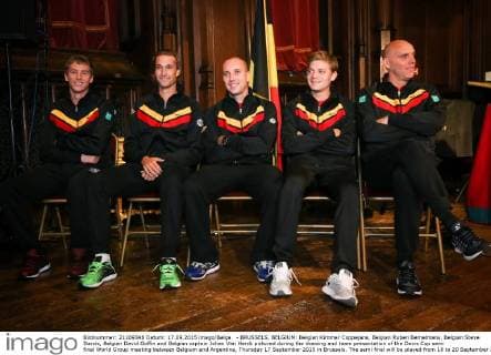 - BRUSSELS, BELGIUM: Belgian Kimmer Coppejans, Belgian Ruben Bemelmans, Belgian Steve Darcis, Belgian David Goffin and Belgian captain Johan Van Herck pictured during the drawing and team presentation of the Davis Cup semi final World Group meeting between Belgium and Argentina, Thursday 17 September 2015 in Brussels. The semi final will be played from 18 to 20 September 2015 in Vorst-Forest, Brussels VIRGINIExLEFOUR  x04702031x