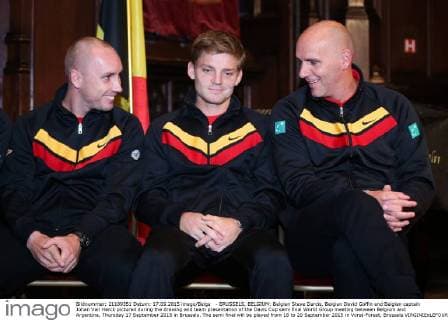 - BRUSSELS, BELGIUM: Belgian Steve Darcis, Belgian David Goffin and Belgian captain Johan Van Herck pictured during the drawing and team presentation of the Davis Cup semi final World Group meeting between Belgium and Argentina, Thursday 17 September 2015 in Brussels. The semi final will be played from 18 to 20 September 2015 in Vorst-Forest, Brussels VIRGINIExLEFOUR  x04702020x