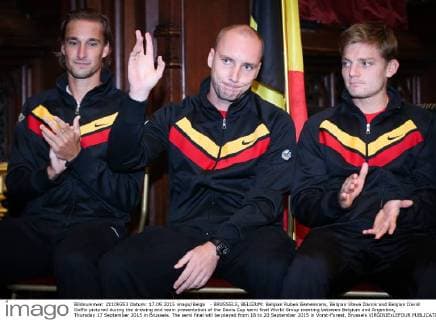 - BRUSSELS, BELGIUM: Belgian Ruben Bemelmans, Belgian Steve Darcis and Belgian David Goffin pictured during the drawing and team presentation of the Davis Cup semi final World Group meeting between Belgium and Argentina, Thursday 17 September 2015 in Brussels. The semi final will be played from 18 to 20 September 2015 in Vorst-Forest, Brussels VIRGINIExLEFOUR  x04702023x