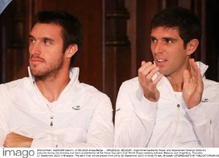 - BRUSSELS, BELGIUM: Argentinian Leonardo Mayer and Argentinian Federico Delbonis pictured during the drawing and team presentation of the Davis Cup semi final World Group meeting between Belgium and Argentina, Thursday 17 September 2015 in Brussels. The semi final will be played from 18 to 20 September 2015 in Vorst-Forest, Brussels VIRGINIExLEFOUR  x04702024x
