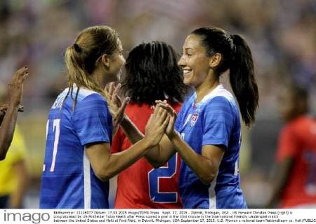 Sept. 17, 2015 - Detroit, Michigan, USA - US Forward Christen Press (right) is congratulated by US Midfielder Tobin Heath after Press scored a goal in the 33rd minute in the International Friendly Länderspiel match between the United States and Haiti at Ford Field, in Detroit, Michigan, USA September 17, 2015. U.S. Women s national team Nationalteam vs. Haiti  - ZUMAn230