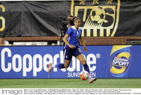 Sept. 17, 2015 - Detroit, Michigan, USA - US forward Christen Press carries the ball up there field during the first half of the International Friendly Länderspiel match between the United States and Haiti at Ford Field, in Detroit, Michigan, USA September 17, 2015. U.S. Women s national team Nationalteam vs. Haiti  - ZUMAn230