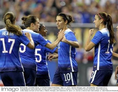 Sept. 17, 2015 - Detroit, Michigan, USA - US midfielder Carli Lloyd (10) is congratulated by teammates after scoring a goal on a penalty kick at 37 minutes in the International Friendly Länderspiel match between the United States and Haiti at Ford Field, in Detroit, Michigan, USA September 17, 2015. U.S. Women s national team Nationalteam vs. Haiti  - ZUMAn230