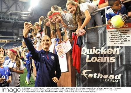September 17, 2015: United States of America forward Alex Morgan (13) takes a selfie with a fans camera following the game on Thursday evening, Ford Field, Detroit, Michigan. SOCCER: SEP 17 Women s - Haiti v USA Icon2581509170003 EDITORIAL USE ONLY