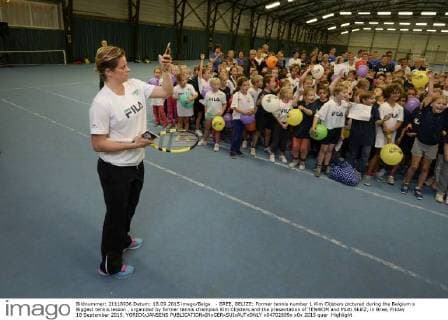 - BREE, BELIZE: Former tennis number 1 Kim Clijsters pictured during the Belgium s Biggest tennis lesson , organized by former tennis champion Kim Clijsters and the presentation of TEN4KIM and Multi SkillZ, in Bree, Friday 18 September 2015. YORICKxJANSENS  x04702699x