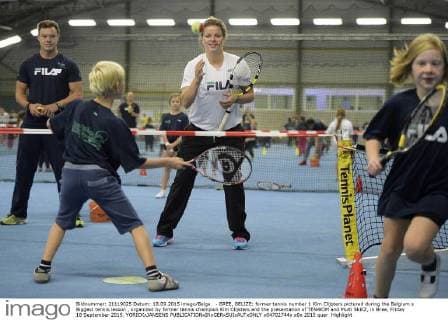 - BREE, BELIZE: former tennis number 1 Kim Clijsters pictured during the Belgium s Biggest tennis lesson , organized by former tennis champion Kim Clijsters and the presentation of TEN4KIM and Multi SkillZ, in Bree, Friday 18 September 2015. YORICKxJANSENS  x04702744x