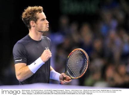 Tennis - 2015 Davis Cup - World Group Semi-Final: Great Britain vs. Australia Day One . Rubber One: Singles Andy Murray (GB) vs. Thanes Kokkinakis (Aus). Andy Murray celebrates his win, 6-3, 6-0, 6-3, at the Emirates Arena, Glasgow. COLORSPORT JANE BARLOW 