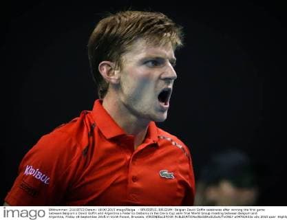 - BRUSSELS, BELGIUM: Belgian David Goffin celebrates after winning the first game between Belgium s David Goffin and Argentina s Federico Delbonis in the Davis Cup semi final World Group meeting between Belgium and Argentina, Friday 18 September 2015 in Vorst-Forest, Brussels. VIRGINIExLEFOUR  x04702933x