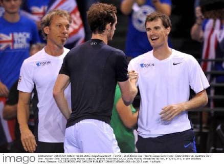 Tennis - 2015 Davis Cup - World Group Semi-Final: Great Britain vs. Australia Day One . Rubber One: Singles Andy Murray (GB) vs. Thanes Kokkinakis (Aus). Andy Murray celebrates his win, 6-3, 6-0, 6-3, at the Emirates Arena, Glasgow. COLORSPORT JANE BARLOW 