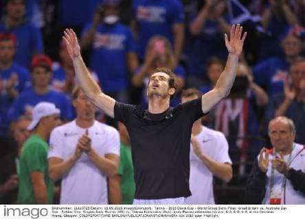 Tennis - 2015 Davis Cup - World Group Semi-Final: Great Britain vs. Australia Day One . Rubber One: Singles Andy Murray (GB) vs. Thanes Kokkinakis (Aus). Andy Murray celebrates his win, 6-3, 6-0, 6-3, at the Emirates Arena, Glasgow. COLORSPORT JANE BARLOW 