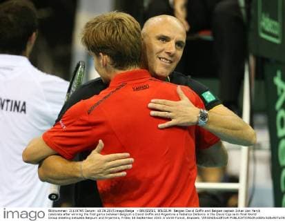 - BRUSSELS, BELGIUM: Belgian David Goffin and Belgian captain Johan Van Herck celebrate after winning the first game between Belgium s David Goffin and Argentina s Federico Delbonis in the Davis Cup semi final World Group meeting between Belgium and Argentina, Friday 18 September 2015 in Vorst-Forest, Brussels. VIRGINIExLEFOUR  x04702965x