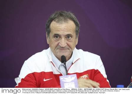 WEINAN, CHINA - SEPTEMBER 18: (CHINA OUT) Bruno Claude Bini, new head coach of The Chinese women s national football team, attends a press conference PK Pressekonferenz on September 18, 2015 in Weinan, Shaanxi Province of China.  CFP473011888 