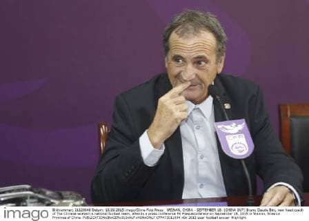 WEINAN, CHINA - SEPTEMBER 18: (CHINA OUT) Bruno Claude Bini, new head coach of The Chinese women s national football team, attends a press conference PK Pressekonferenz on September 18, 2015 in Weinan, Shaanxi Province of China.  CFP473011894 
