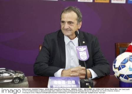 WEINAN, CHINA - SEPTEMBER 18: (CHINA OUT) Bruno Claude Bini, new head coach of The Chinese women s national football team, attends a press conference PK Pressekonferenz on September 18, 2015 in Weinan, Shaanxi Province of China.  CFP473011895 