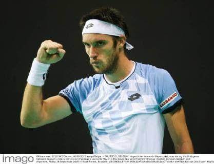 - BRUSSELS, BELGIUM: Argentinian Leonardo Mayer celebrates during the first game between Belgium s Steve Darcis and Argentina s Leonardo Mayer in the Davis Cup semi final World Group meeting between Belgium and Argentina, Friday 18 September 2015 in Vorst-Forest, Brussels. VIRGINIExLEFOUR  x04703033x