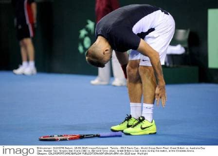 Tennis - 2015 Davis Cup - World Group Semi-Final: Great Britain vs. Australia Day One . Rubber Two: Singles Dan Evans (GB) vs. Bernard Tomic (Aus). Great Britain s Dan Evans during the match, at the Emirates Arena, Glasgow. COLORSPORT JANE BARLOW 