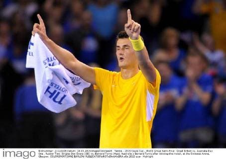Tennis - 2015 Davis Cup - World Group Semi-Final: Great Britain vs. Australia Day One . Rubber Two: Singles Dan Evans (GB) vs. Bernard Tomic (Aus). Australia s Bernard Tomic after winning the match, at the Emirates Arena, Glasgow. COLORSPORT JANE BARLOW 