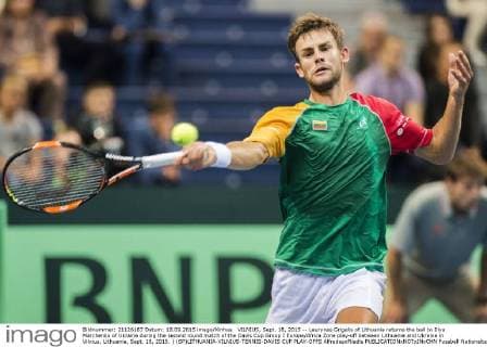 VILNIUS, Sept. 18, 2015 -- Laurynas Grigelis of Lithuania returns the ball to Illya Marchenko of Ukraine during the second round match of the Davis Cup Group I Europe Africa Zone play-off between Lithuania and Ukraine in Vilnius, Lithuania, Sept. 18, 2015. ) (SP)LITHUANIA-VILNIUS-TENNIS-DAVIS CUP PLAY-OFFS AlfredasxPliadis 