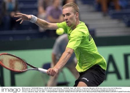 VILNIUS, Sept. 18, 2015 -- Vladyslav Manafov of Ukraine returns the ball to Ricardas Berankis of Lithuania during the first round match of the Davis Cup Group I Europe Africa Zone play-off between Lithuania and Ukraine in Vilnius, Lithuania, Sept. 18, 2015. ) (SP)LITHUANIA-VILNIUS-TENNIS-DAVIS CUP PLAY-OFFS AlfredasxPliadis 