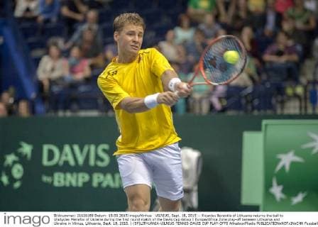 VILNIUS, Sept. 18, 2015 -- Ricardas Berankis of Lithuania returns the ball to Vladyslav Manafov of Ukraine during the first round match of the Davis Cup Group I Europe Africa Zone play-off between Lithuania and Ukraine in Vilnius, Lithuania, Sept. 18, 2015. ) (SP)LITHUANIA-VILNIUS-TENNIS-DAVIS CUP PLAY-OFFS AlfredasxPliadis 