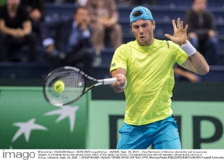 VILNIUS, Sept. 18, 2015 -- Illya Marchenko of Ukraine returns the ball to Laurynas Grigelis of Lithuania during the second round match of the Davis Cup Group I Europe Africa Zone play-off between Lithuania and Ukraine in Vilnius, Lithuania, Sept. 18, 2015. ) (SP)LITHUANIA-VILNIUS-TENNIS-DAVIS CUP PLAY-OFFS AlfredasxPliadis 