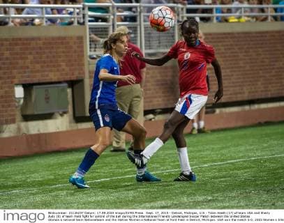 Sept. 17, 2015 - Detroit, Michigan, U.S - Tobin Heath (17) of team USA and Sherly Judy (8) of team Haiti fight for control of the ball during the International Friendly Länderspiel Soccer Match between the United States Women s national team Nationalteam and the Haitian Women s National Team at Ford Field in Detroit, Michigan. USA won the match 5-0. 2015 Women s International Soccer, USA v. Haiti, Ford Field, Detroit Michigan. - ZUMAh127