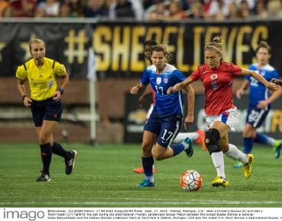Sept. 17, 2015 - Detroit, Michigan, U.S - Haiti s Kimberly Boulos (6) and USA s Tobin Heath (17) fight for the ball during the International Friendly Länderspiel Soccer Match between the United States Women s national team Nationalteam and the Haitian Women s National Team at Ford Field in Detroit, Michigan. USA won the match 5-0. 2015 Women s International Soccer, USA v. Haiti, Ford Field, Detroit Michigan. - ZUMAh127