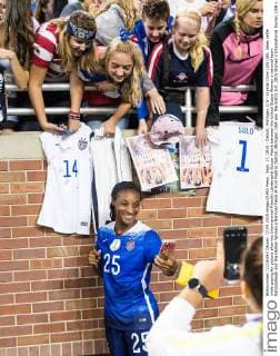 Sept. 17, 2015 - Detroit, Michigan, U.S - Crystal Dunn (25) USA, takes selfie while posing for picture after the International Friendly Länderspiel Soccer Match between the United States Women s national team Nationalteam and the Haitian Women s National Team at Ford Field in Detroit, Michigan. USA won the match 5-0. 2015 Women s International Soccer, USA v. Haiti, Ford Field, Detroit Michigan. - ZUMAh127