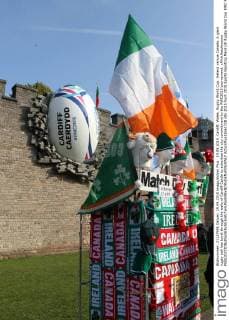 19.09.2015. Cardiff, Wales. Rugby World Cup. Ireland versus Canada. A giant rugby ball has burst through the walls of Cardiff Castle to advertise the city commitment to the RWC2015 tournament. xPhilxHutchinsonx  ActionPlus11661728