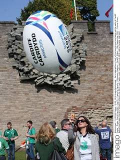Fans take selfies in front of the promotional scultpture on the walls of Cardiff Castle - Rugby World Cup 2015 - Pool D - Ireland v Canada - Millennium Stadium - Cardiff- Wales - 19th September 2015 - Picture Simon Bellis Sportimage EDITORIAL USE ONLY. No use with unauthorised audio, video, data, fixture lists, club league logos or live services. Online in-match use limited to 120 images, no video emulation. No use in betting, games or single club league player publications.