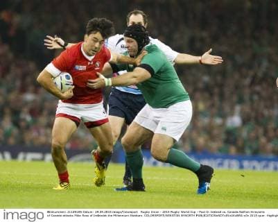 Rugby Union - 2015 Rugby World Cup - Pool D: Ireland vs. Canada Nathan Hirayama of Canada attacks Mike Ross of Irelandat the Millennium Stadium. COLORSPORT WINSTON BYNORTH 