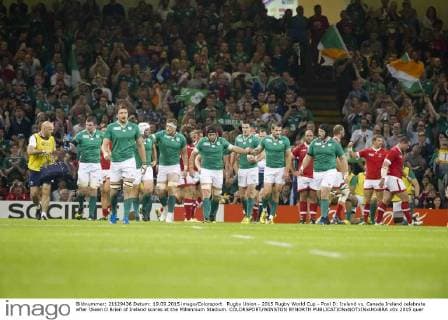 Rugby Union - 2015 Rugby World Cup - Pool D: Ireland vs. Canada Ireland celebrate after Sean O Brien of Ireland scores at the Millennium Stadium. COLORSPORT WINSTON BYNORTH 