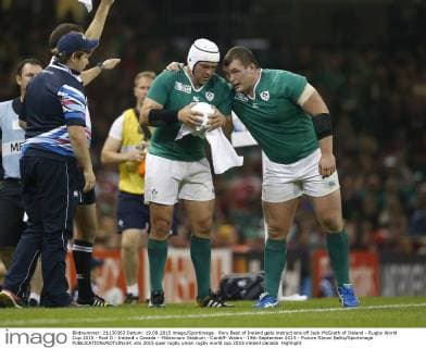 Rory Best of Ireland gets instructions off Jack McGrath of Ireland - Rugby World Cup 2015 - Pool D - Ireland v Canada - Millennium Stadium - Cardiff- Wales - 19th September 2015 - Picture Simon Bellis Sportimage EDITORIAL USE ONLY. No use with unauthorised audio, video, data, fixture lists, club league logos or live services. Online in-match use limited to 120 images, no video emulation. No use in betting, games or single club league player publications.