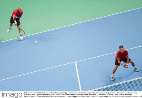 - BRUSSELS, BELGIUM: Belgian Steve Darcis and Belgian Ruben Bemelmans pictured during a doubles tennis game between Belgium s Steve Darcis and Ruben Bemelmans versus Argentina s Leonardo Mayer and Carlos Berlocq, the third game in the Davis Cup semi final World Group meeting between Belgium and Argentina, Saturday 19 September 2015 in Vorst-Forest, Brussels. VIRGINIExLEFOUR  x04703511x