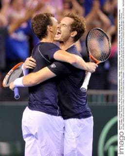 Tennis - 2015 Davis Cup - World Group Semi-Final: Great Britain vs. Australia Day Two . Rubber Three: Doubles Andy Murray (GB) and Jamie Murray (GB) vs. Sam Groth (Aus) and Lleyton Hewitt (Aus). Great Britain s Murray brothers celebrate winning the match, at the Emirates Arena, Glasgow. COLORSPORT JANE BARLOW 