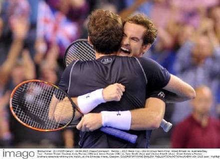 Tennis - 2015 Davis Cup - World Group Semi-Final: Great Britain vs. Australia Day Two . Rubber Three: Doubles Andy Murray (GB) and Jamie Murray (GB) vs. Sam Groth (Aus) and Lleyton Hewitt (Aus). Great Britain s Murray brothers celebrate winning the match, at the Emirates Arena, Glasgow. COLORSPORT JANE BARLOW 