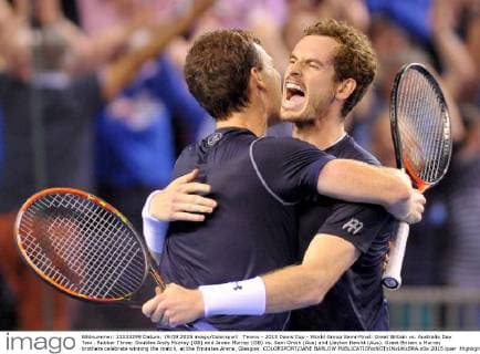 Tennis - 2015 Davis Cup - World Group Semi-Final: Great Britain vs. Australia Day Two . Rubber Three: Doubles Andy Murray (GB) and Jamie Murray (GB) vs. Sam Groth (Aus) and Lleyton Hewitt (Aus). Great Britain s Murray brothers celebrate winning the match, at the Emirates Arena, Glasgow. COLORSPORT JANE BARLOW 